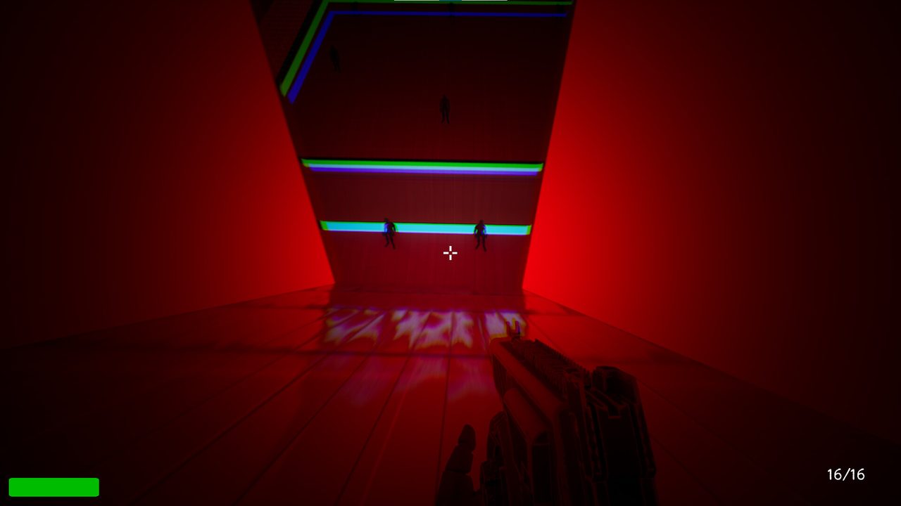 A dim room with a figure at a table, red light through the doorway, and a clock on the wall